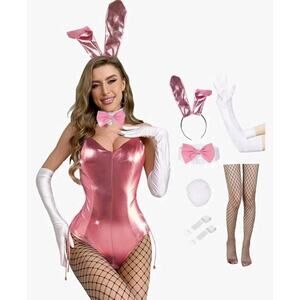 Angelaicos Large Playboy Bunny Costume Pink Metallic Accessories Included New